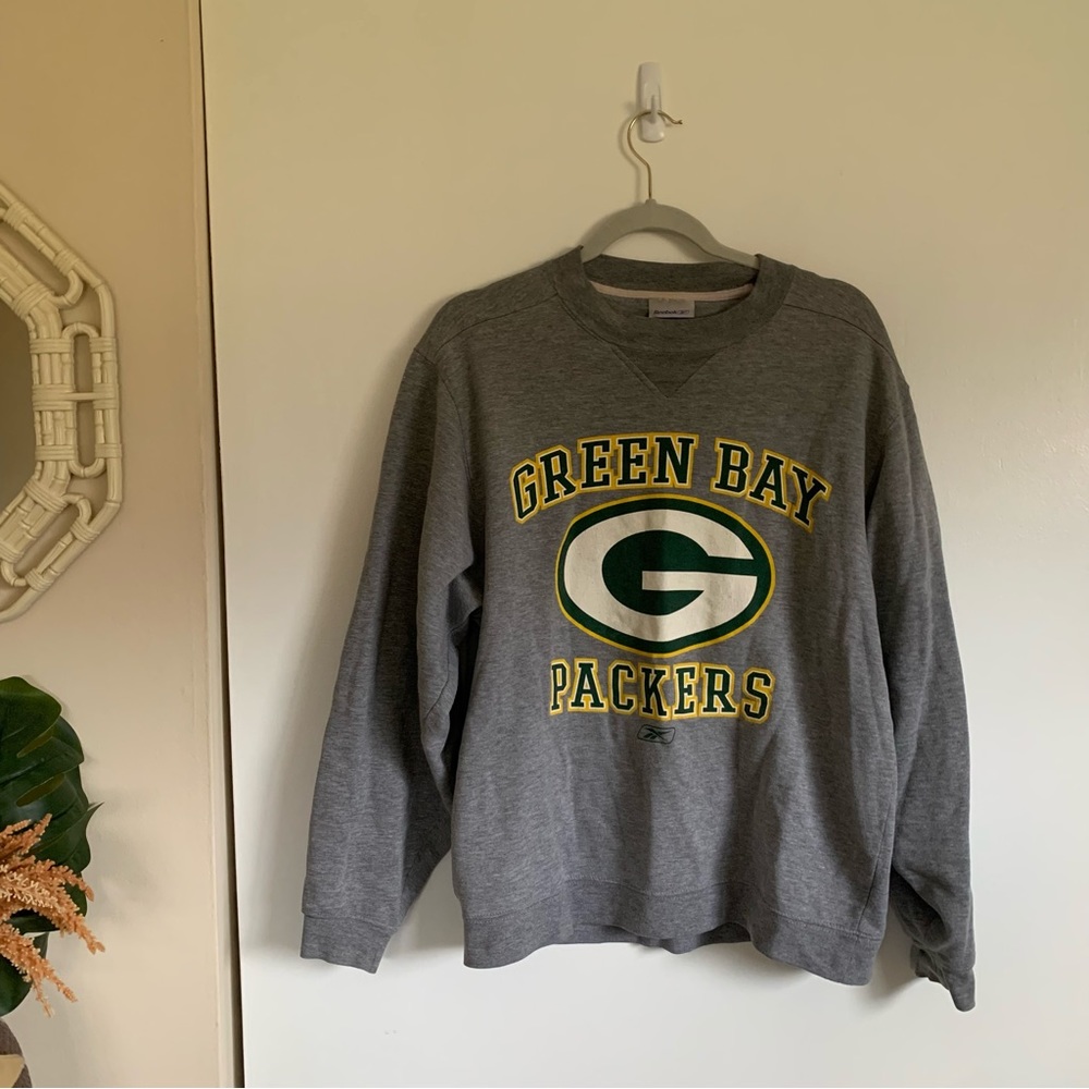 Reebok Gray Green Bay Packers Crewneck Sweatshirt with Yellow Accents